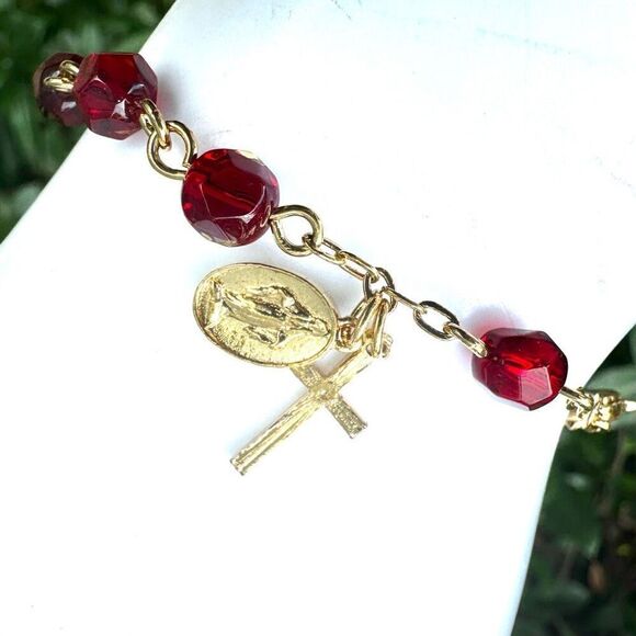 Avon Red Crystal Gold tone cross charm Bracelet - Picture 1 of 6